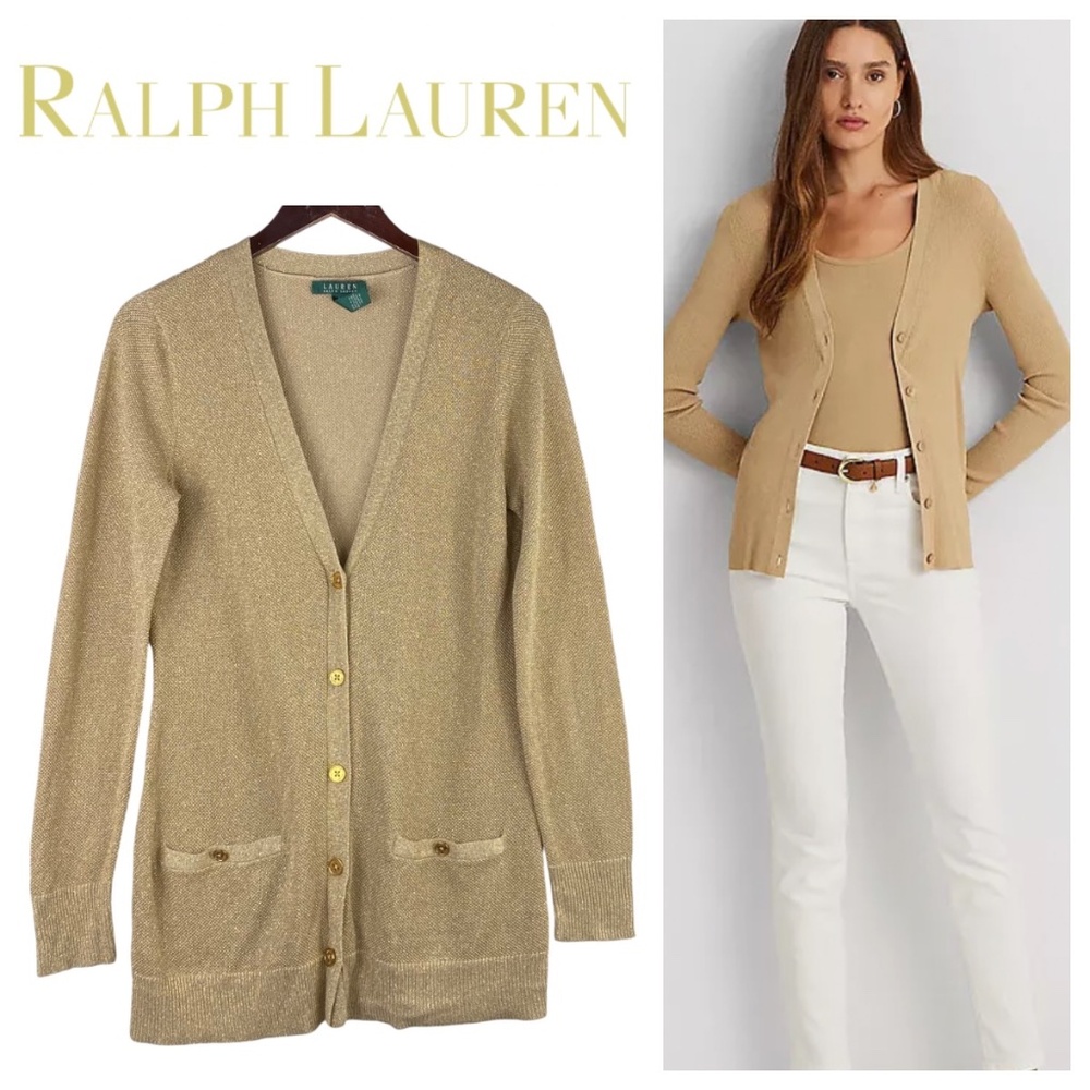 Ralph Lauren Sz Large 12 14 Cardigan Sweater SILK Blend Gold Metallic V-Neck